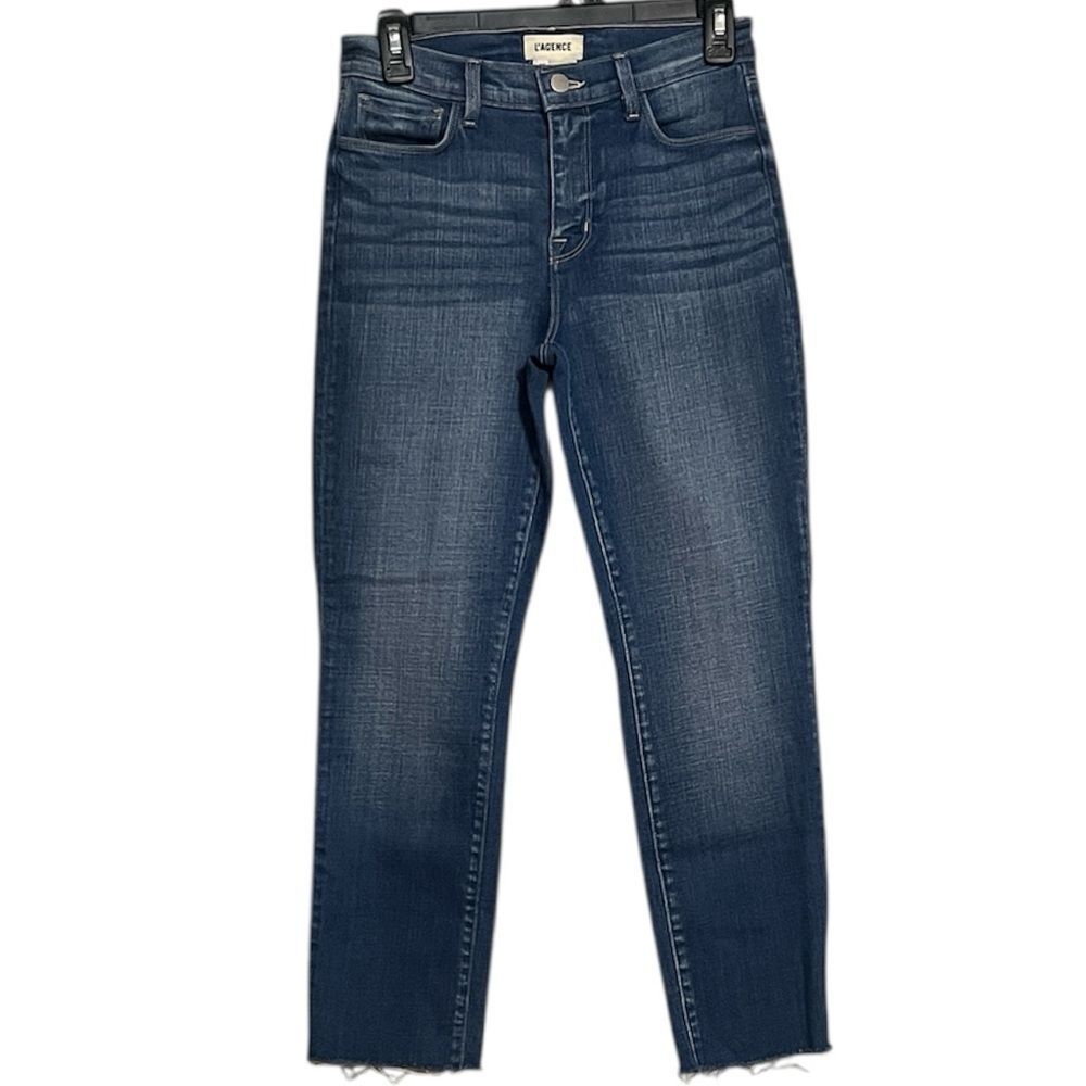 L'Agence Sada Beringer High Rise Slim Crop RawHem Blue Denim Women's Jeans 25